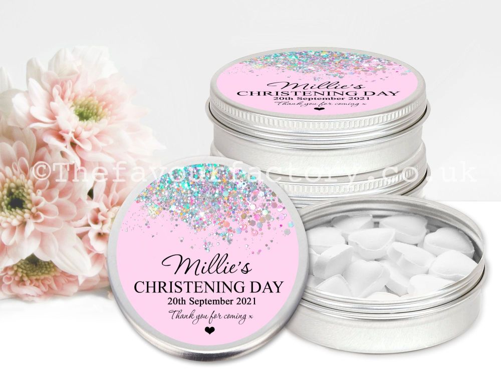 Personalised Christening Favour Tins Iridescent Glitter Confetti Pink x1