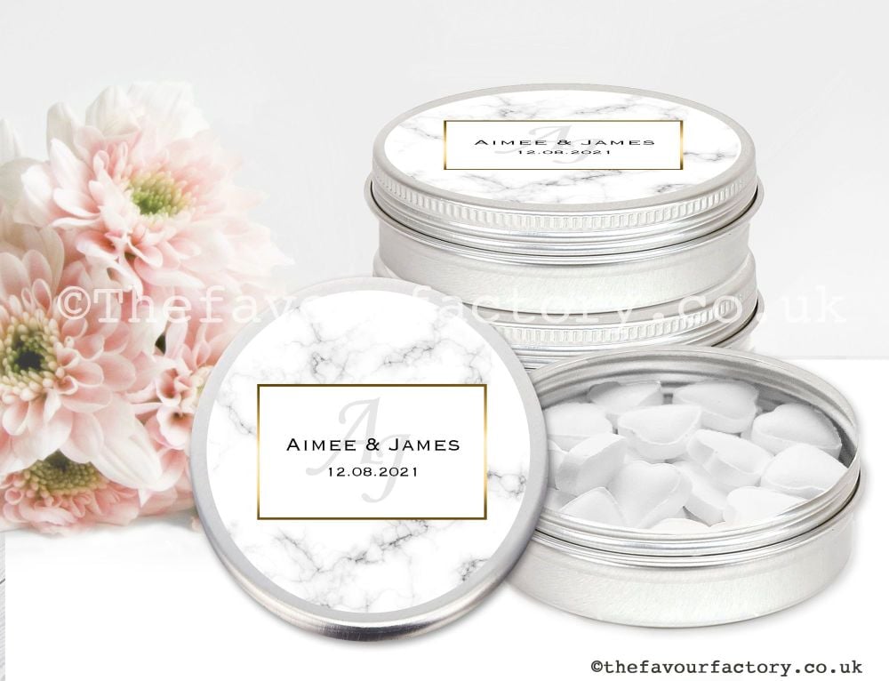 Personalised Wedding Favour Tins Marble Monogram x1