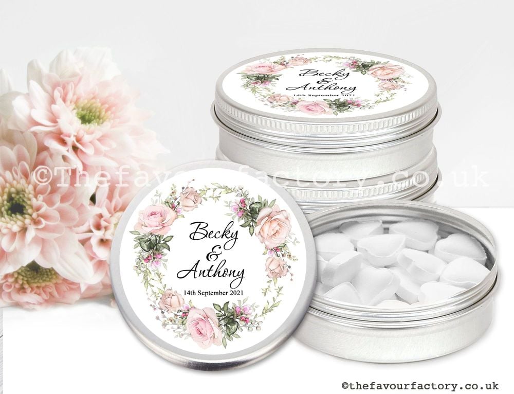 Personalised Wedding Favour Tins Vintage Roses Wreath x1