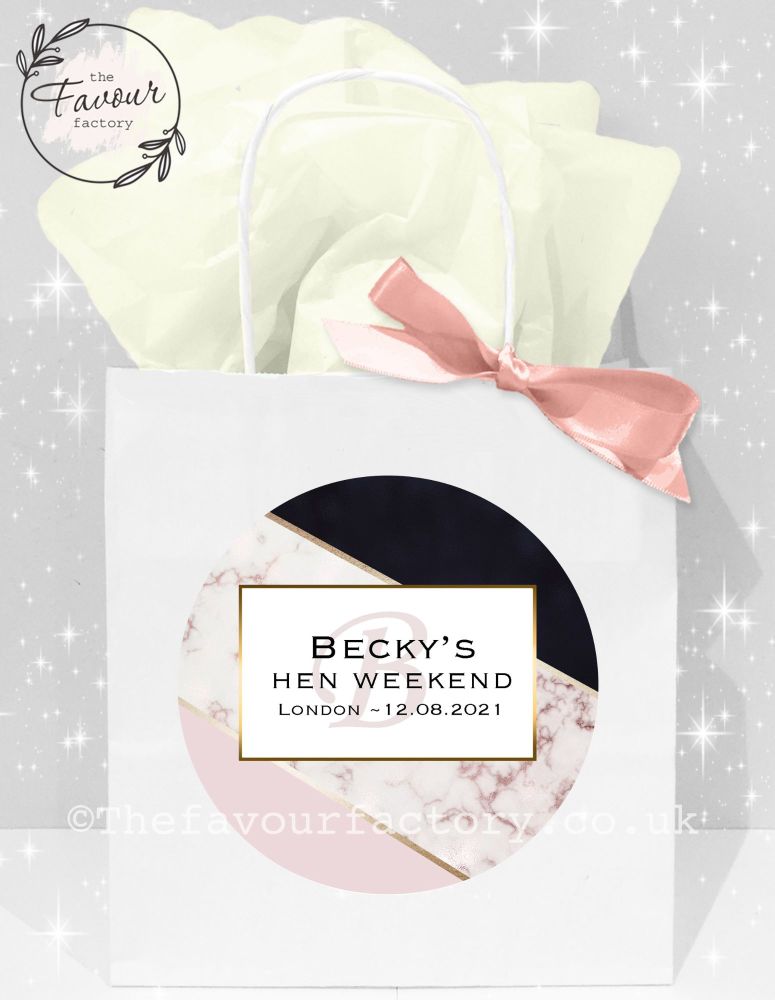 Personalised Hen Party Bags Black Rose Gold Marble Stripes x1