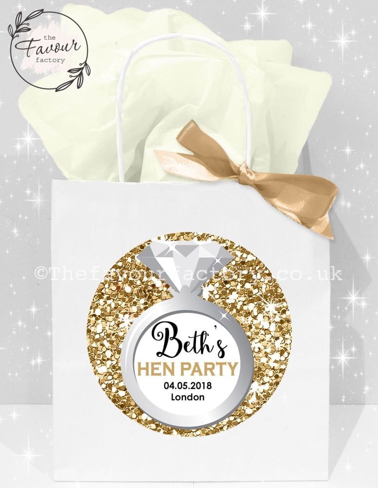 Personalised Hen Party Bags Gold Glitter Ring x1