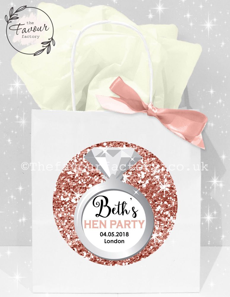 Personalised Hen Party Bags Rose Gold Glitter Ring x1