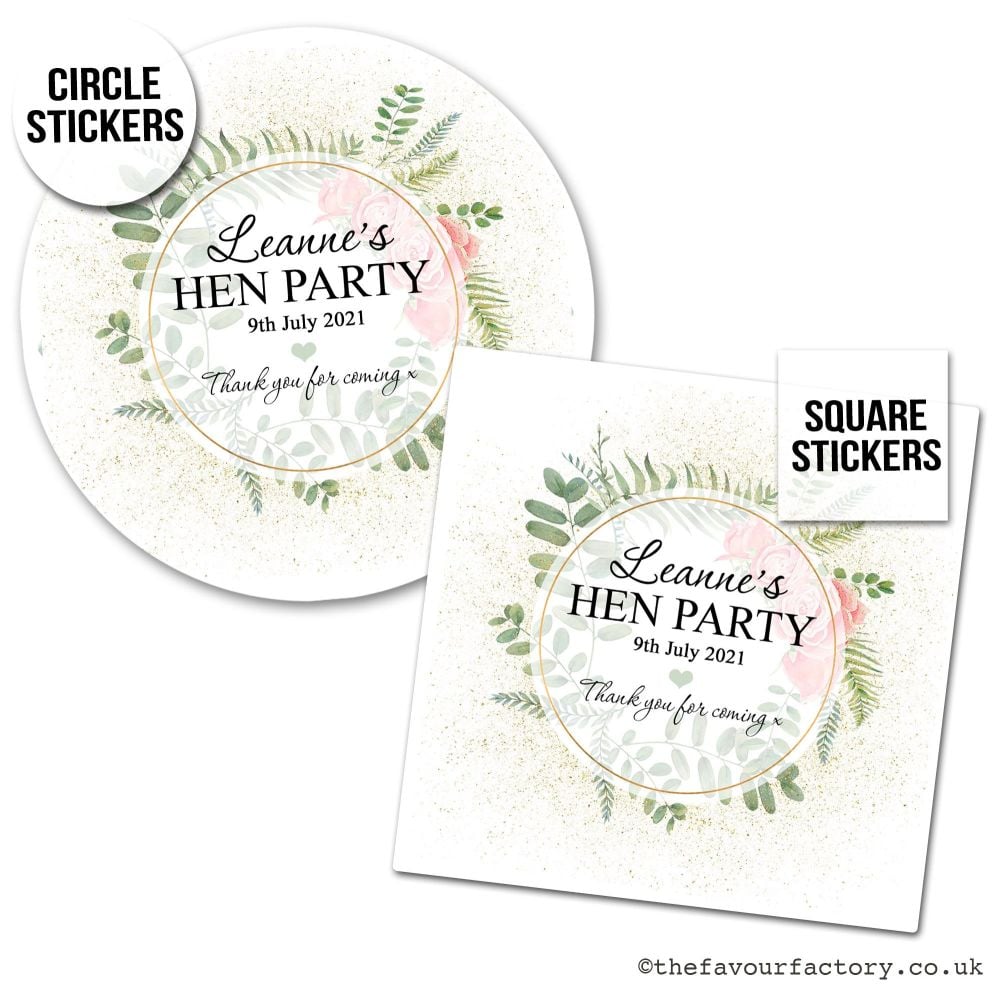 Hen Party Stickers Personalised Botanical Gold Dust Roses x1 A4 Sheet