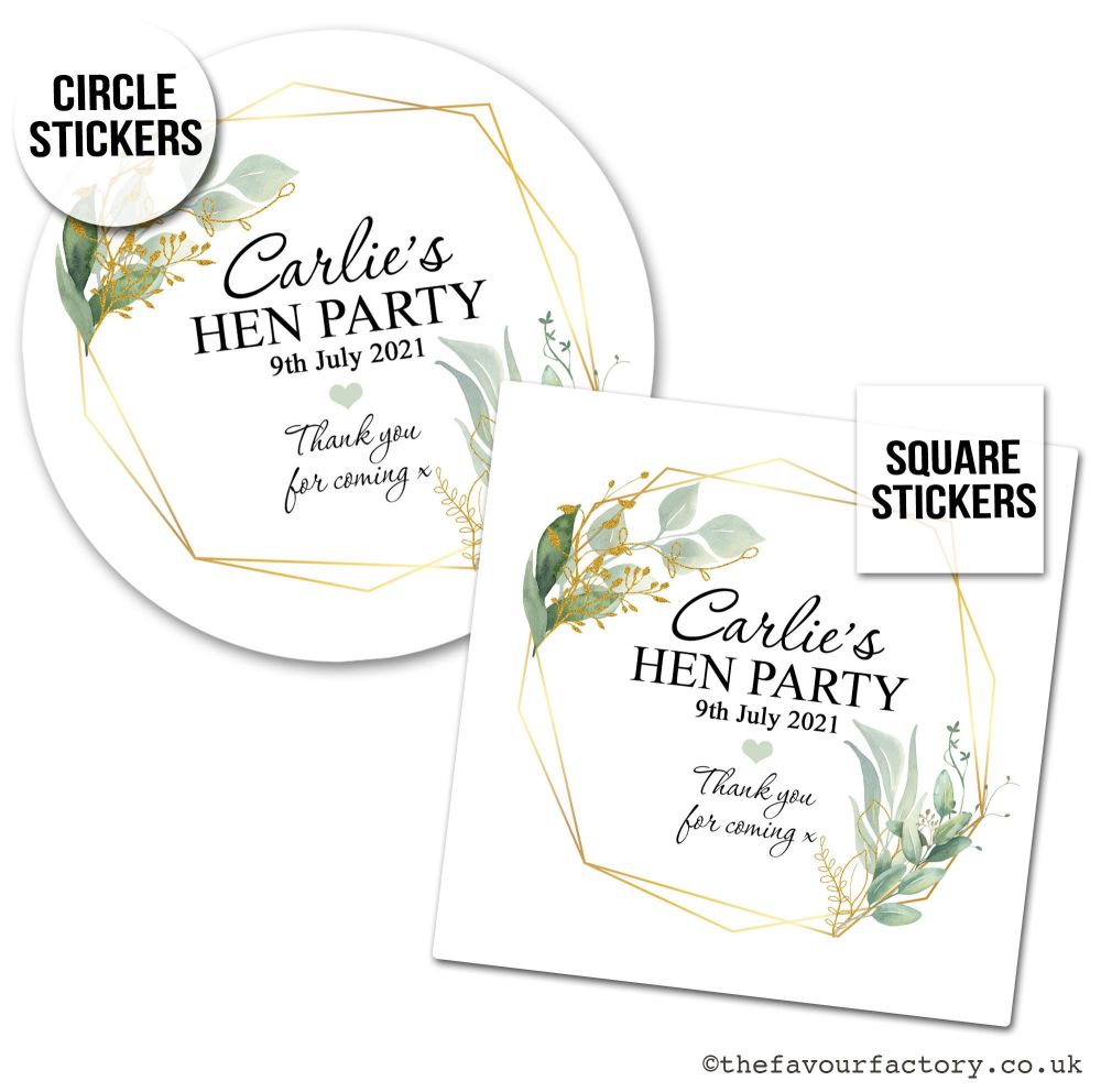 Hen Party Stickers Personalised Geometric Botanicals x1 A4 Sheet