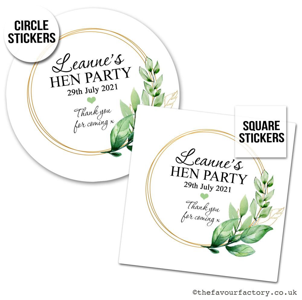 Hen Party Stickers Personalised Gold Frame Botanicals x1 A4 Sheet