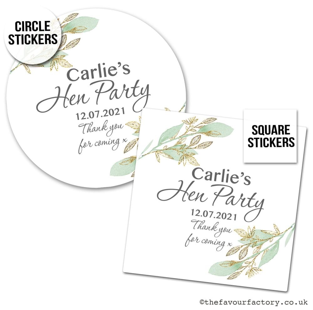 Hen Party Stickers Personalised Botanical Gold Leaf x1 A4 Sheet