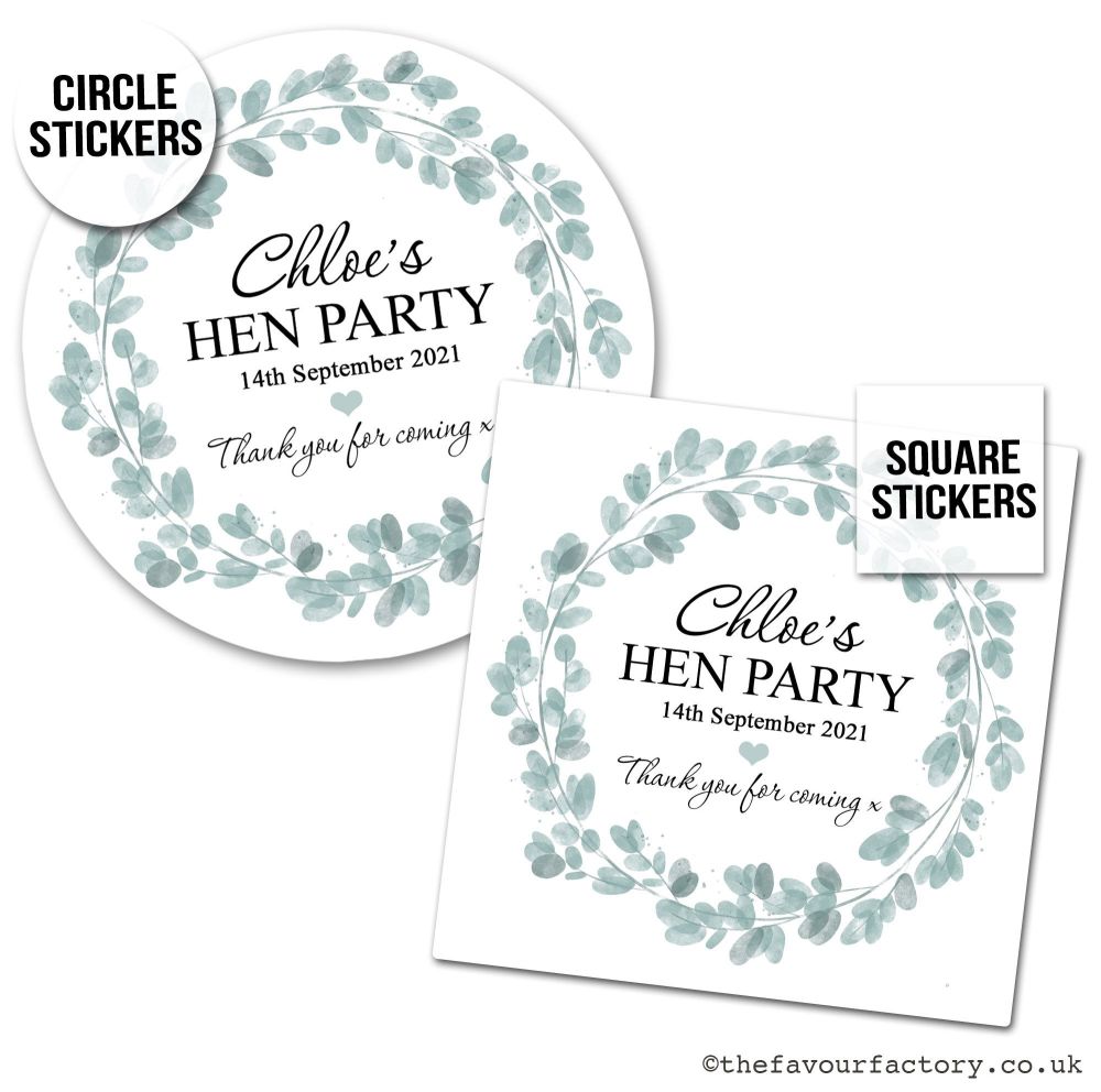 Hen Party Stickers Personalised Eucalyptus Wreath x1 A4 Sheet