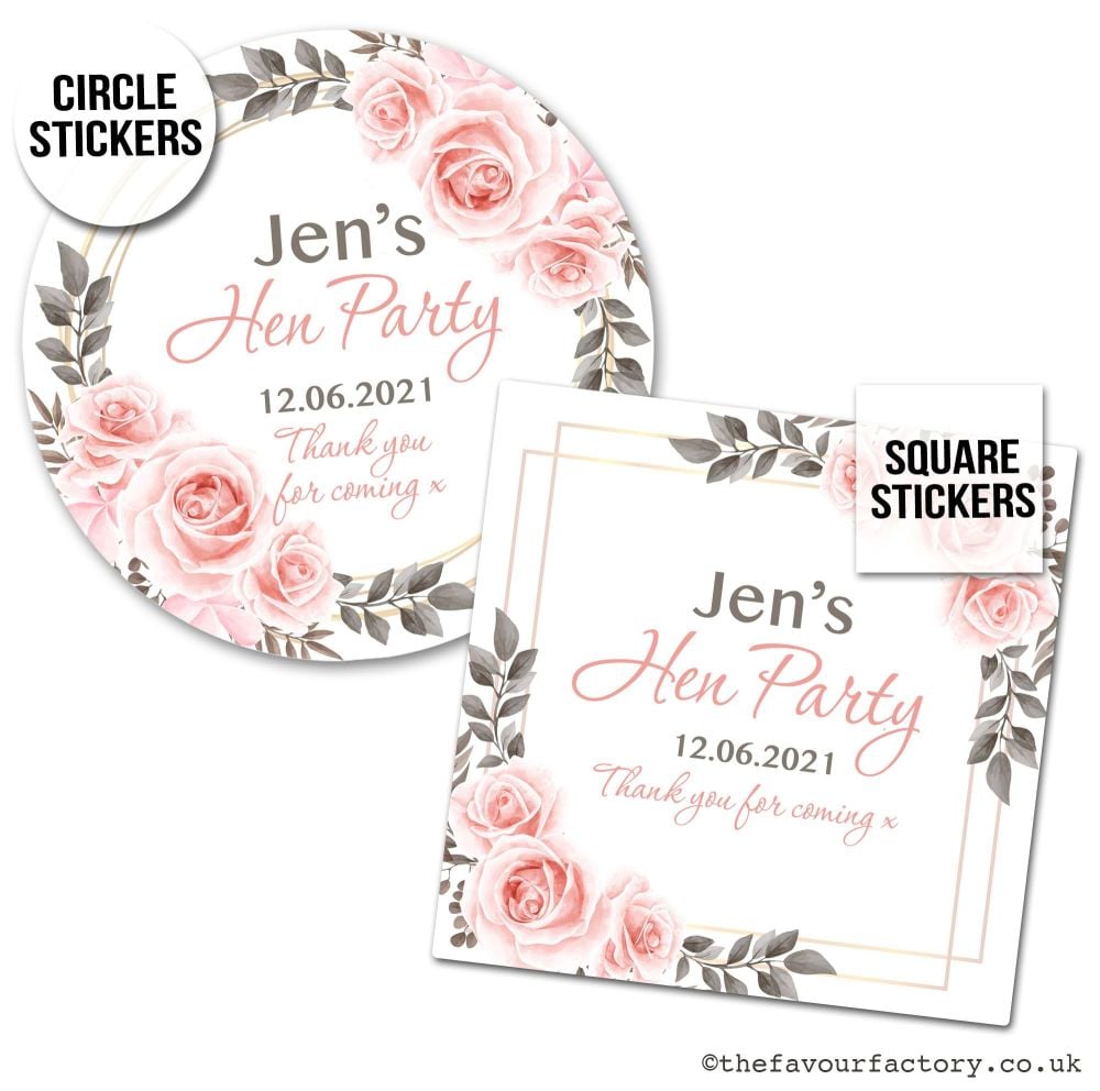 Hen Party Stickers Personalised Blush Roses x1 A4 Sheet