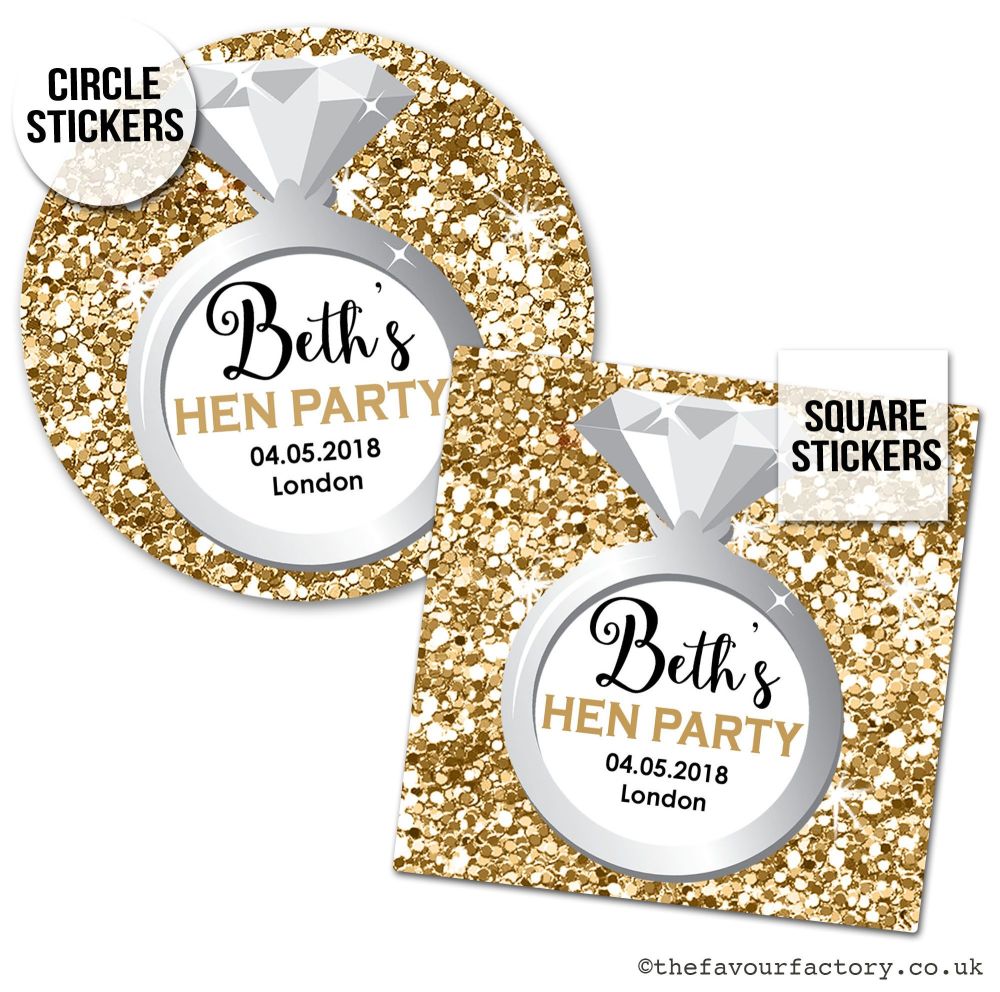Hen Party Stickers Personalised Gold Glitter Ring x1 A4 Sheet