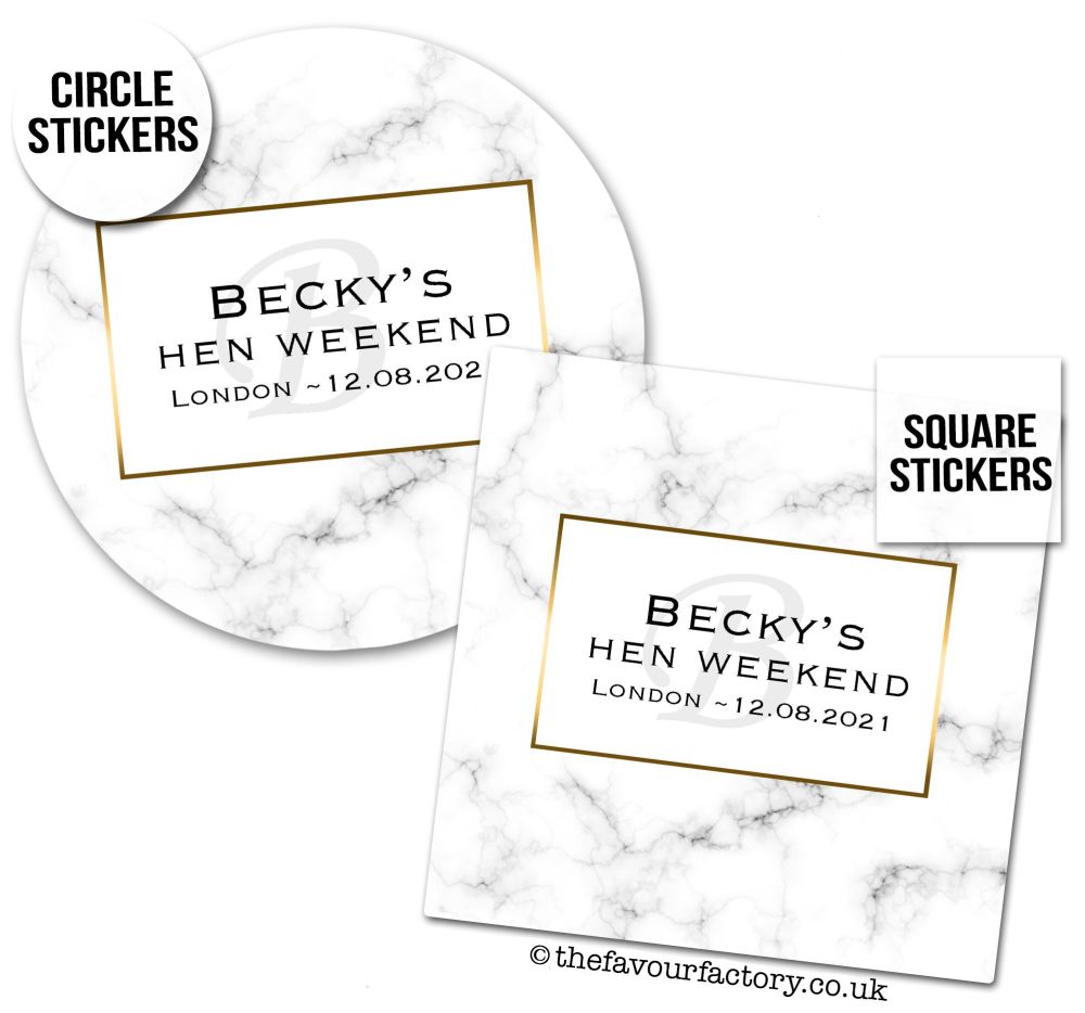 Hen Party Stickers Personalised Marble Monogram x1 A4 Sheet
