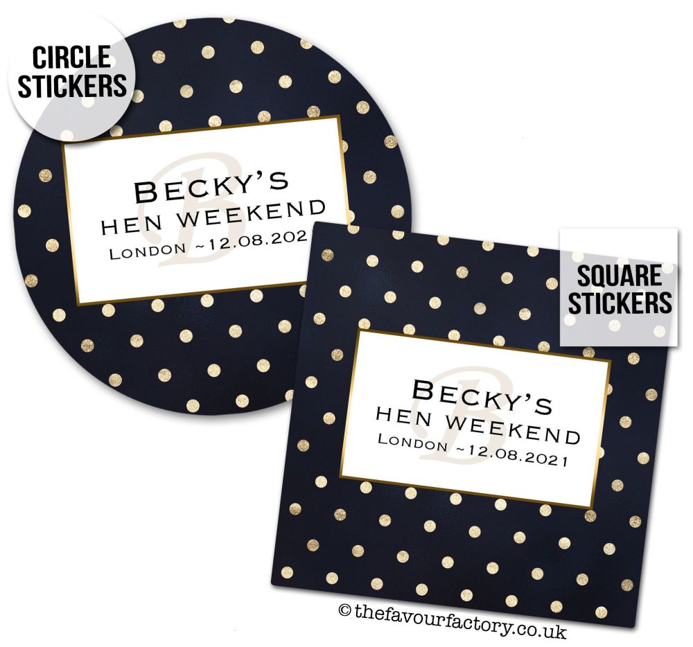Hen Party Stickers Personalised Gold Polka Dots 1x A4 Sheet