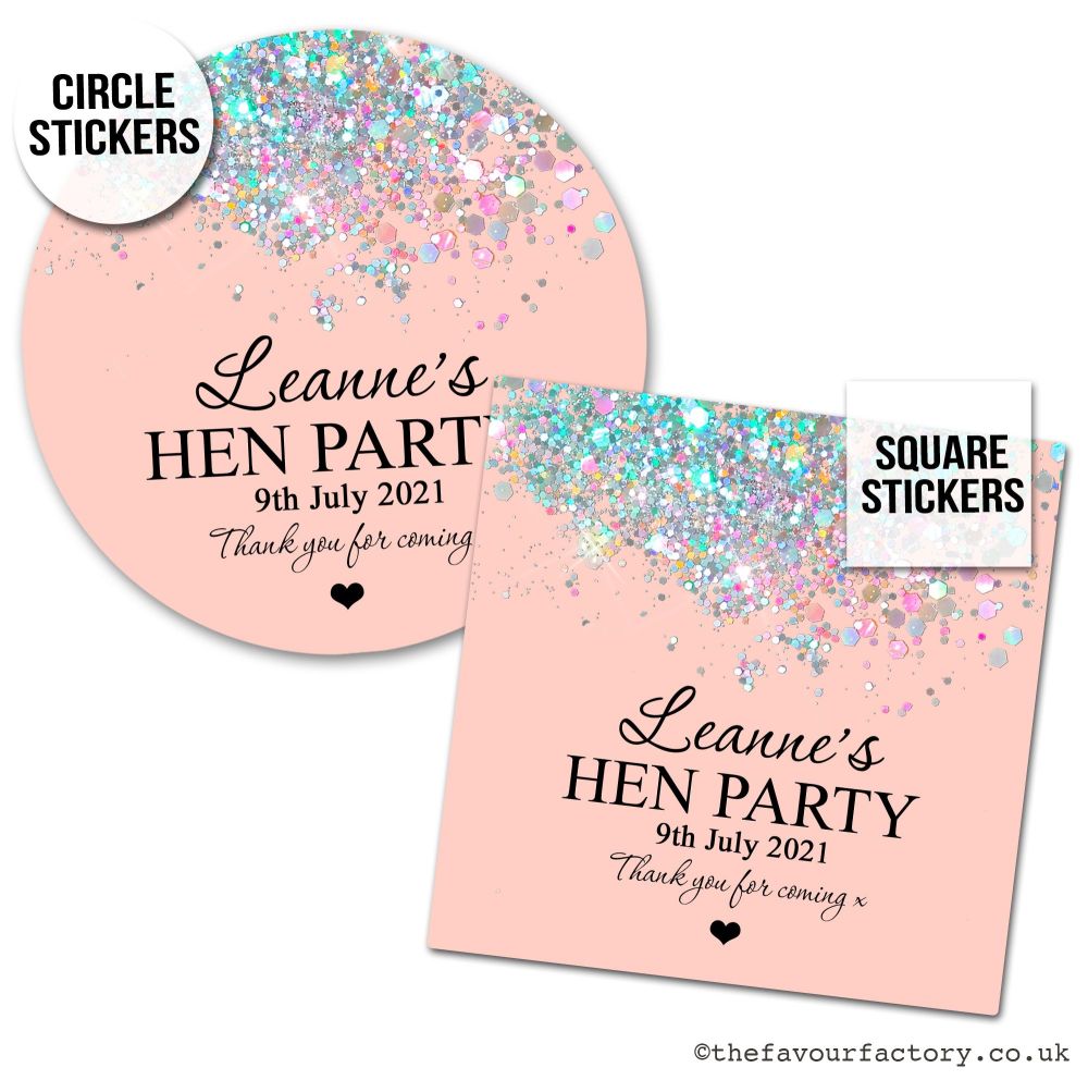 Hen Party Stickers Personalised Iridescent Glitter Confetti x1 A4 Sheet