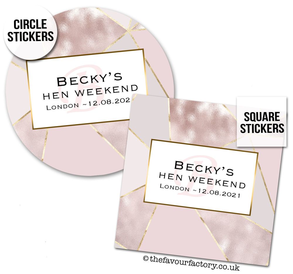 Hen Party Stickers Personalised Geometric Rose Gold 1x A4 Sheet