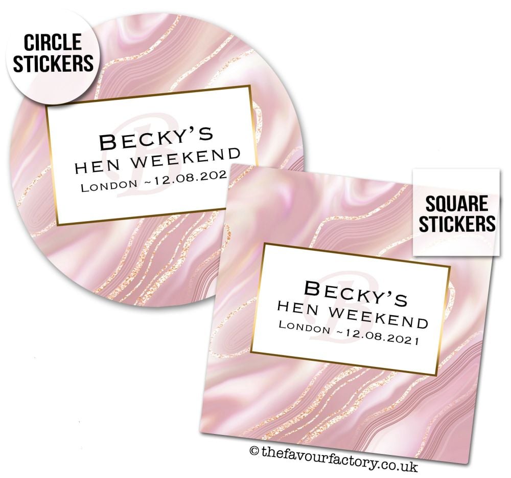 Hen Party Stickers Personalised Rose Gold Liquid Marble 1x A4 Sheet