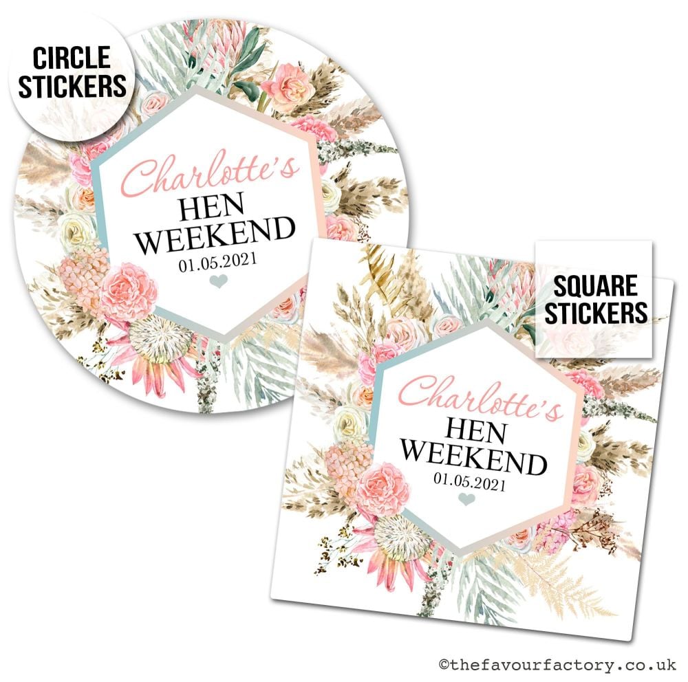 Hen Party Stickers Personalised Boho Pampas Grass x1 A4 Sheet