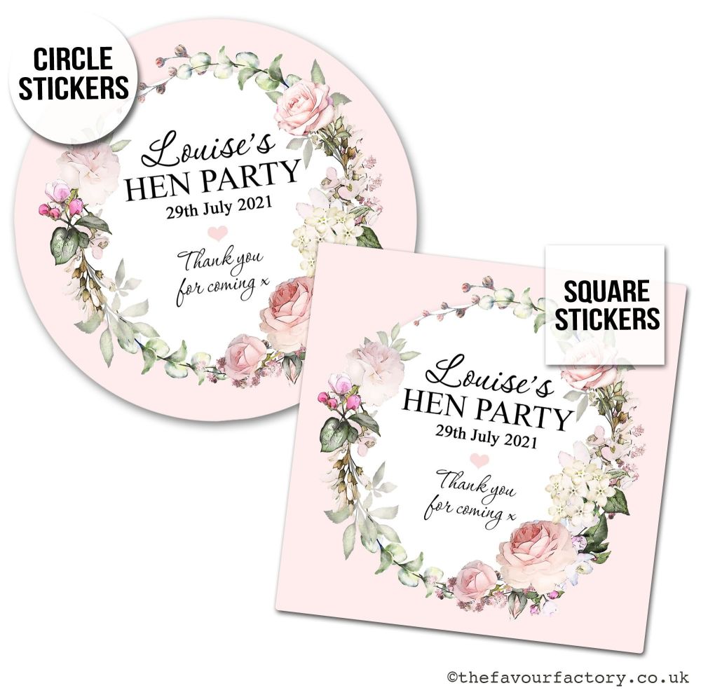 Hen Party Stickers Personalised Vintage Floral Wreath x1 A4 Sheet