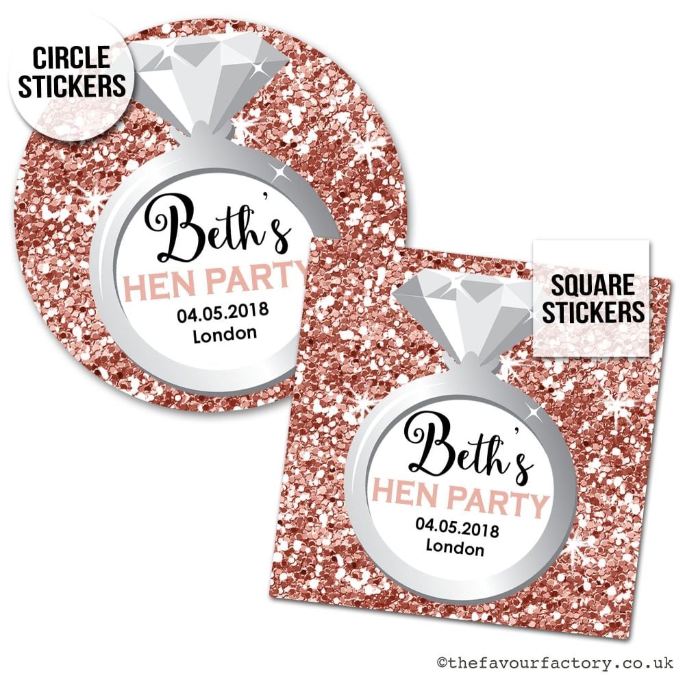 Hen Party Stickers Personalised Rose Gold Glitter Ring x1 A4 Sheet