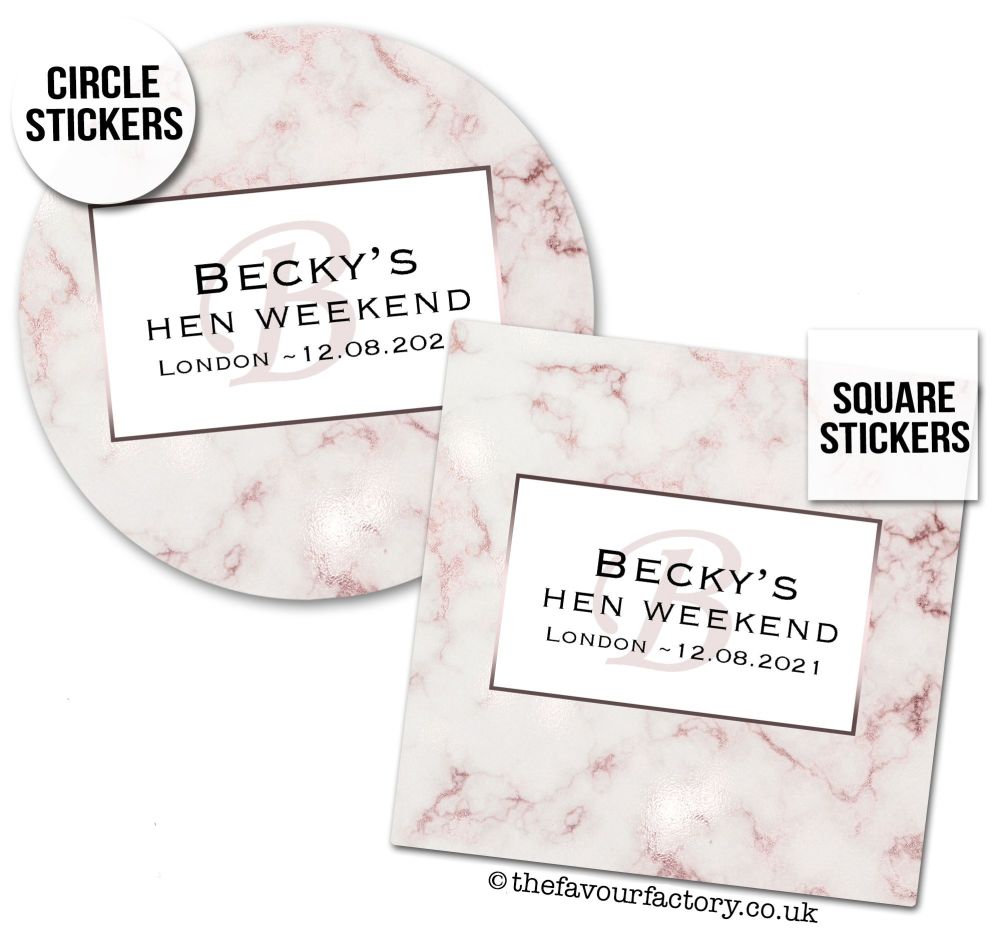 Hen Party Stickers Personalised Rose Gold Marble 1x A4 Sheet