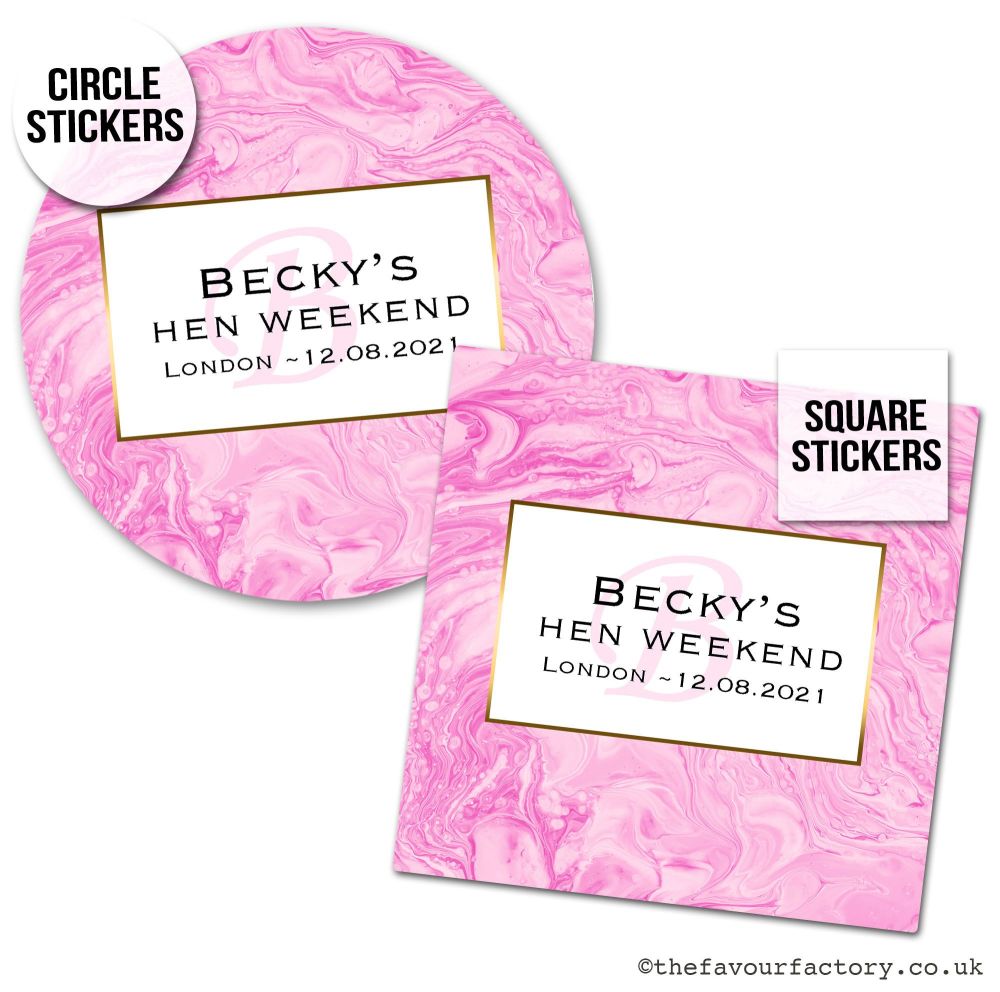 Hen Party Stickers Personalised Pink Liquid Marble 1x A4 Sheet