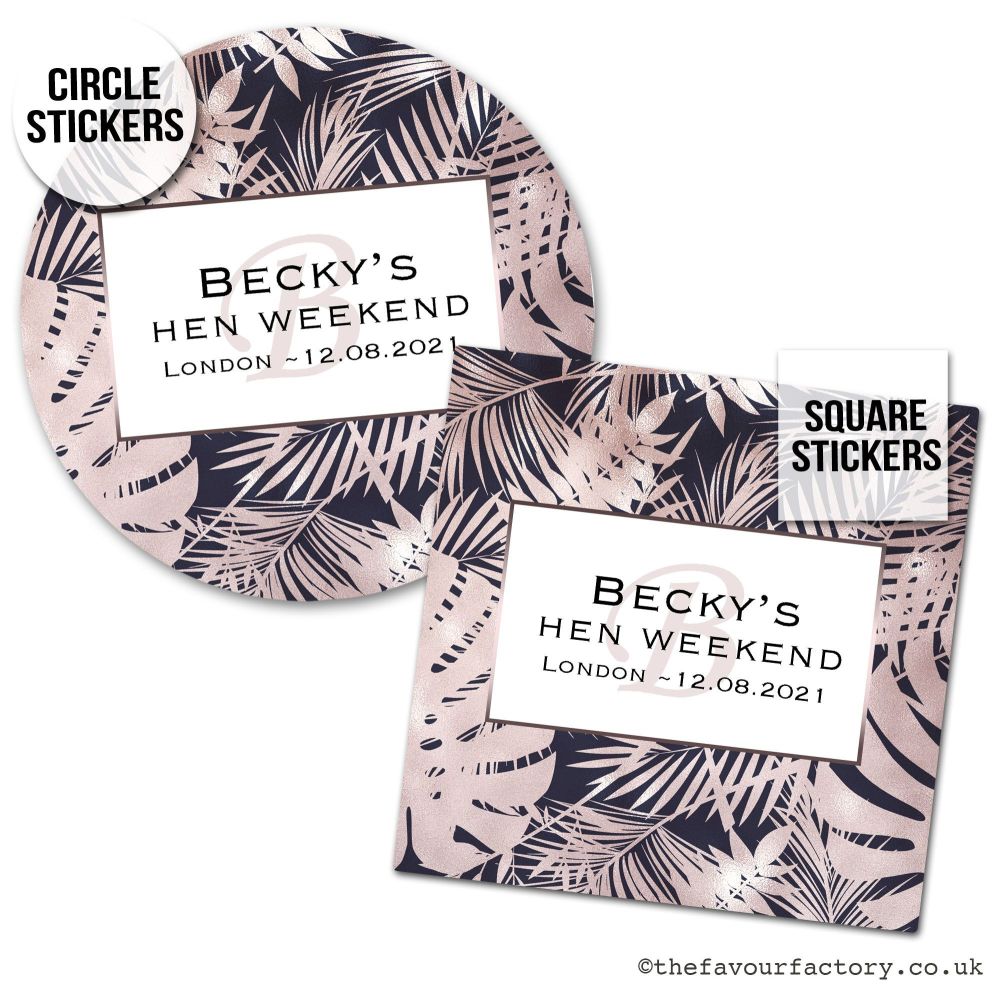Hen Party Stickers Personalised Rose Gold Palm Leaves 1x A4 Sheet