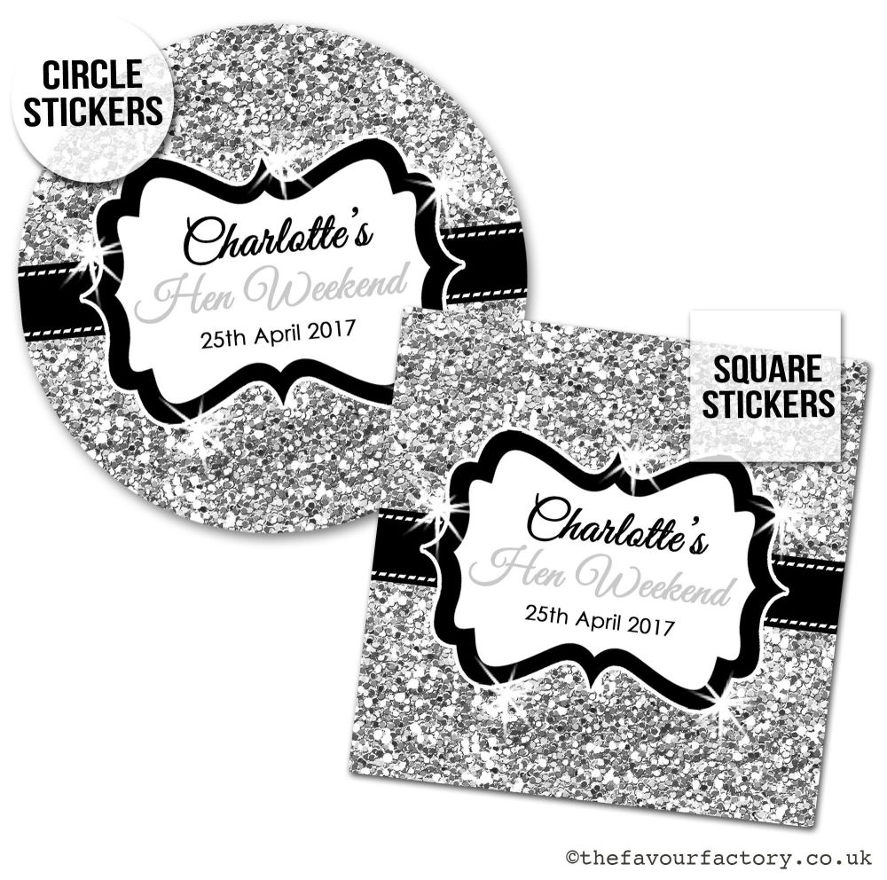 Hen Party Stickers Personalised Silver Glitter 1x A4 Sheet