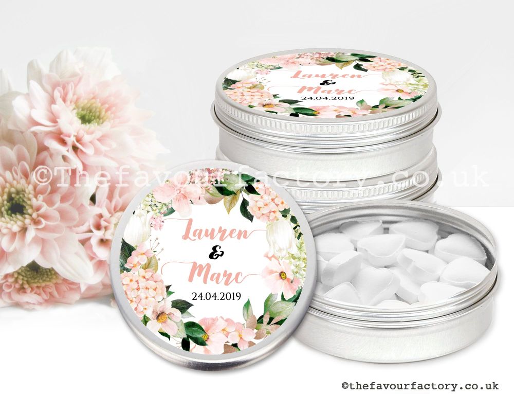 Wedding Favours Mint Tins Blush Pink Floral Hydrangea Wreath x1