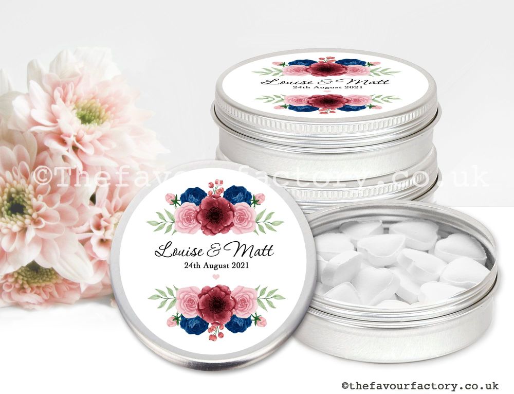 Personalised Wedding Favour Tins Burgundy & Navy Bouquet x1