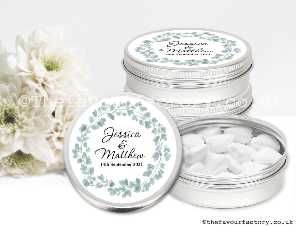 Personalised Wedding Favour Tins Eucalyptus Wreath x1