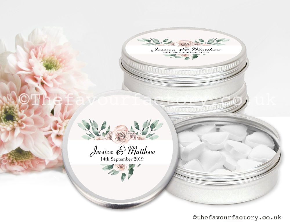 Personalised Wedding Favour Tins Floral Heart x1