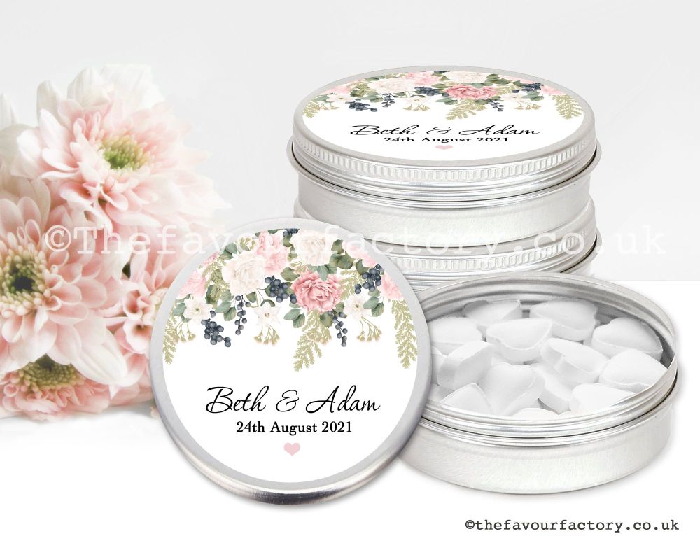 Personalised Wedding Favour Tins Peonies Eucalyptus Berries x1