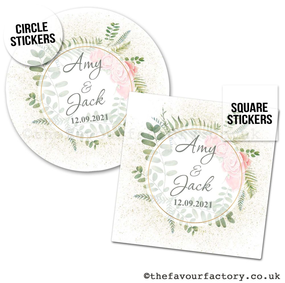 Personalised Wedding Favour Stickers Botanical Gold Dust Roses