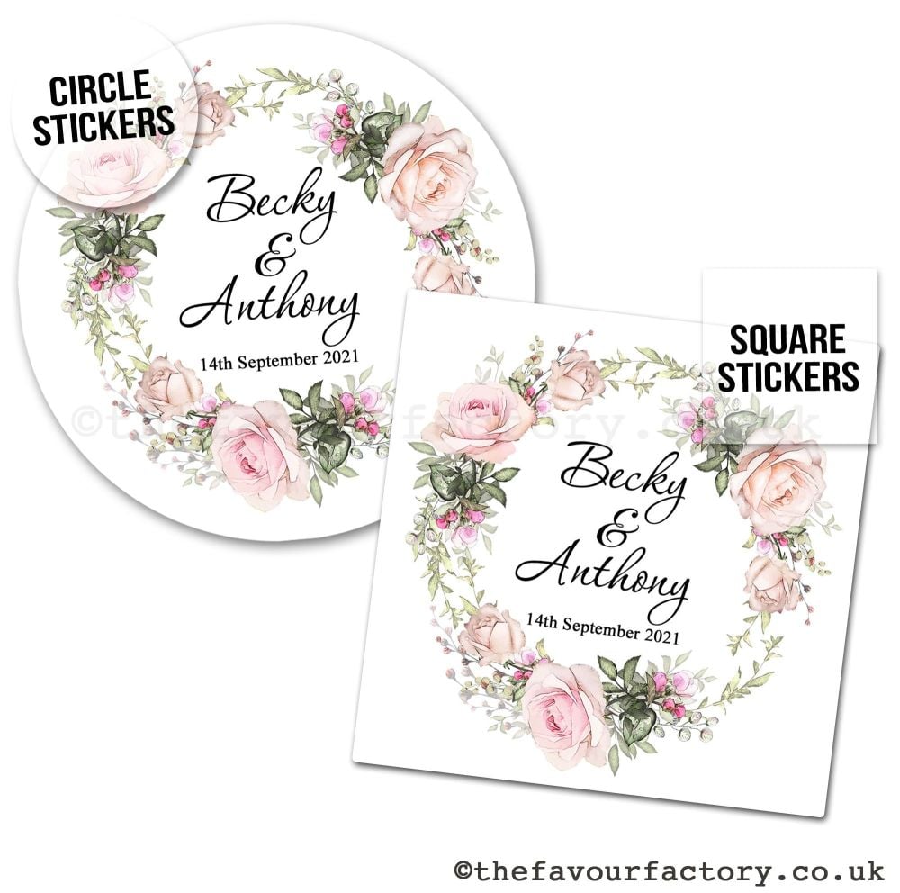 Personalised Wedding Favour Stickers Vintage Floral Wreath