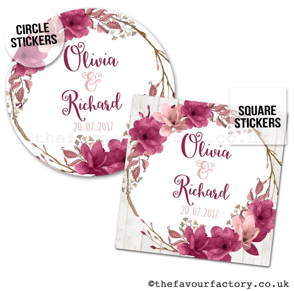 Personalised Wedding Stickers Burgundy Rose Floral Wreath