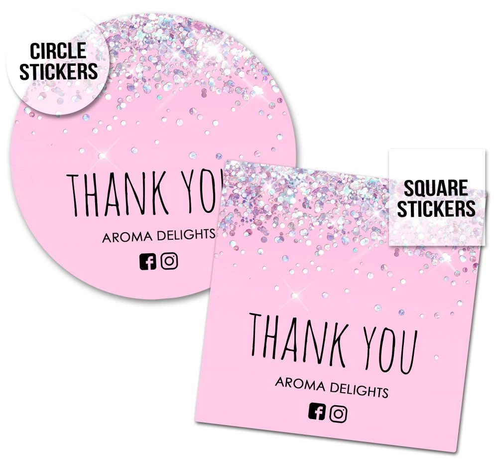 Thank You Business Stickers Labels Packaging Seals Confetti Glitter Pink