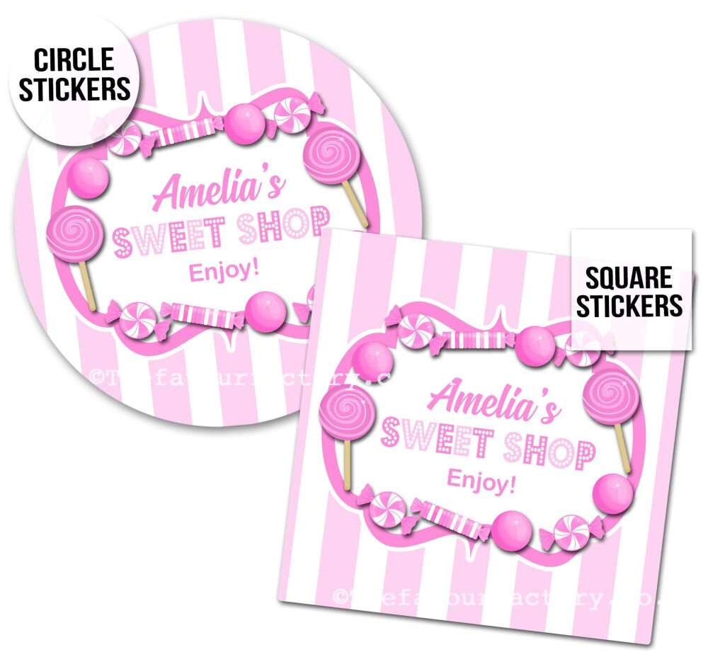 Pink Sweet Shop Stickers Birthday Party Personalised Stickers