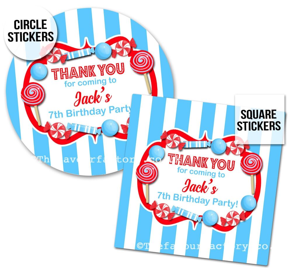 Childrens Party Stickers Sweet Shop Style In Blue & Red x1 A4 Sheet