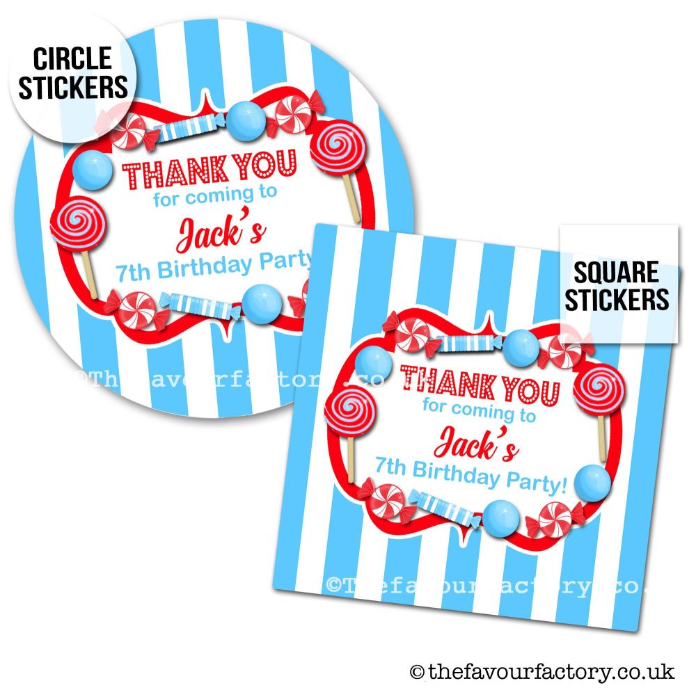 Personalised Stickers Birthday Party Stickers Sweet Shop Style In Blue & Red x1 A4 Sheet