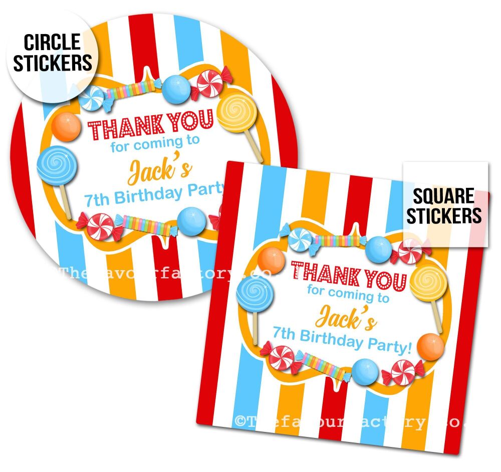 Childrens Party Stickers Sweet Shop Style In Circus Theme x1 A4 Sheet