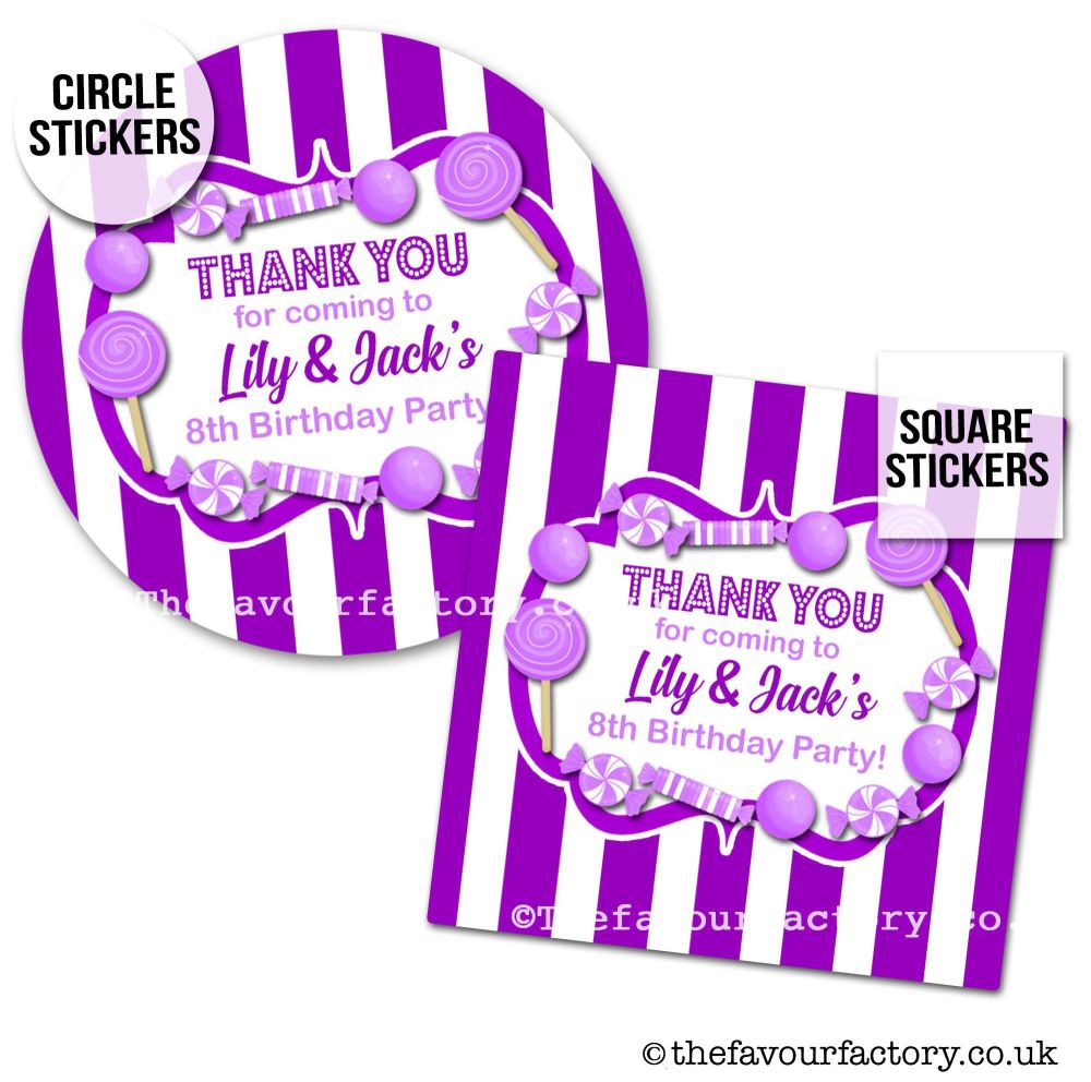 Personalised Stickers Birthday Party Sweet Shop Style In Purple x1 A4 Sheet