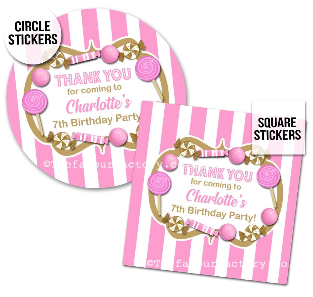 Childrens Party Stickers Sweet Shop Style In Pink & Gold  x1 A4 Sheet