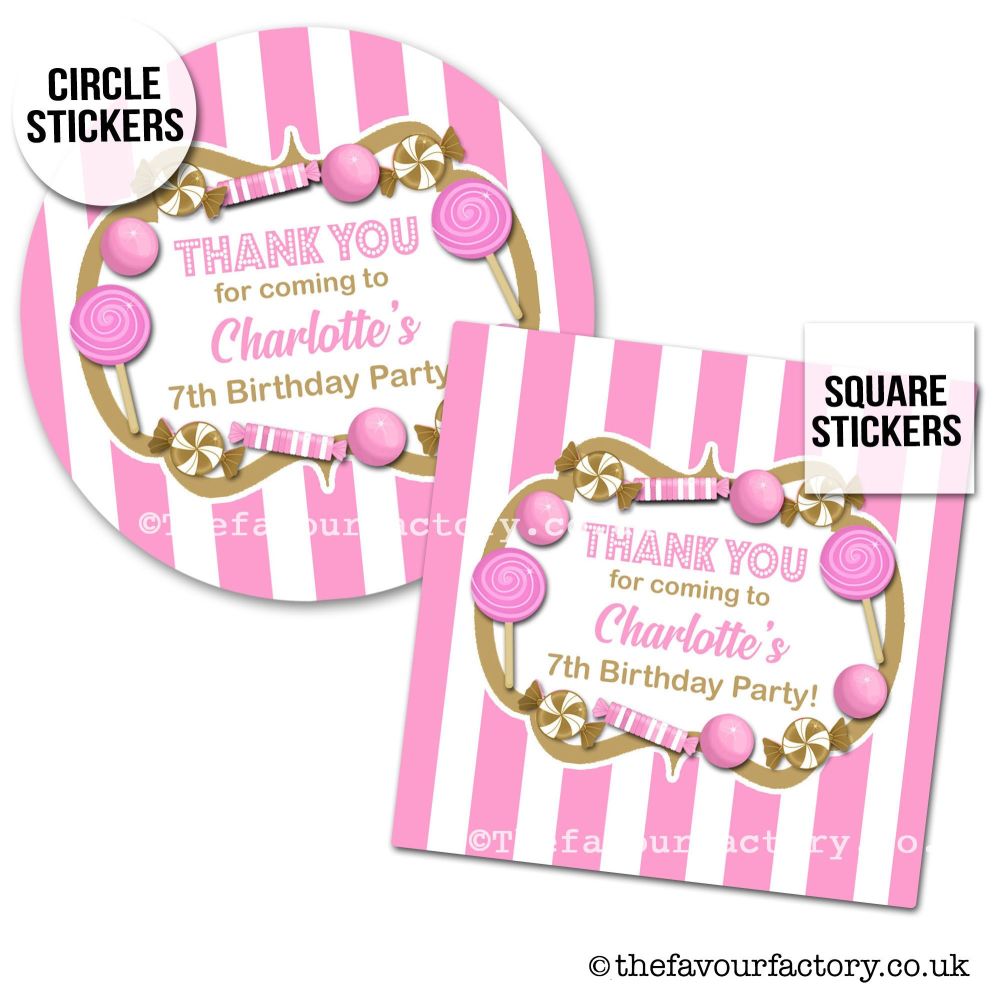 Childrens Party Stickers Sweet Shop Style In Pink & Gold  x1 A4 Sheet