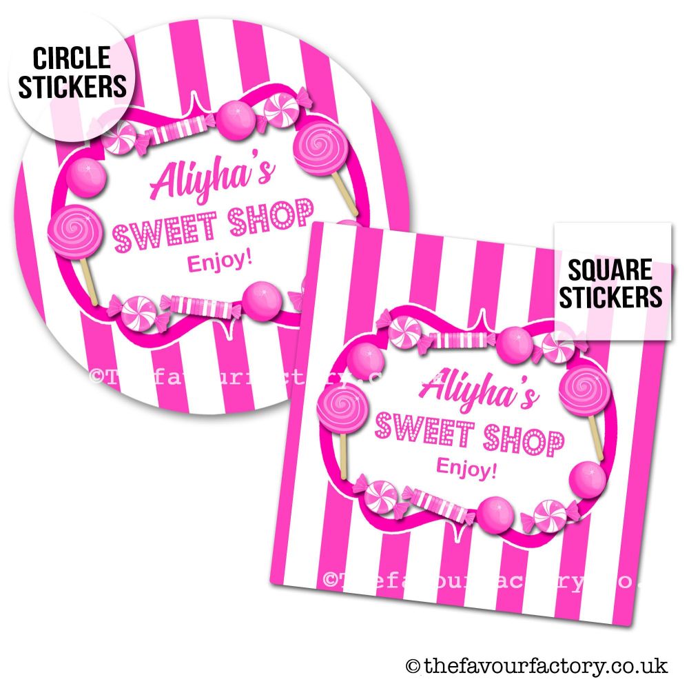 Childrens Party Stickers Sweet Shop Style In Hot Pink x1 A4 Sheet