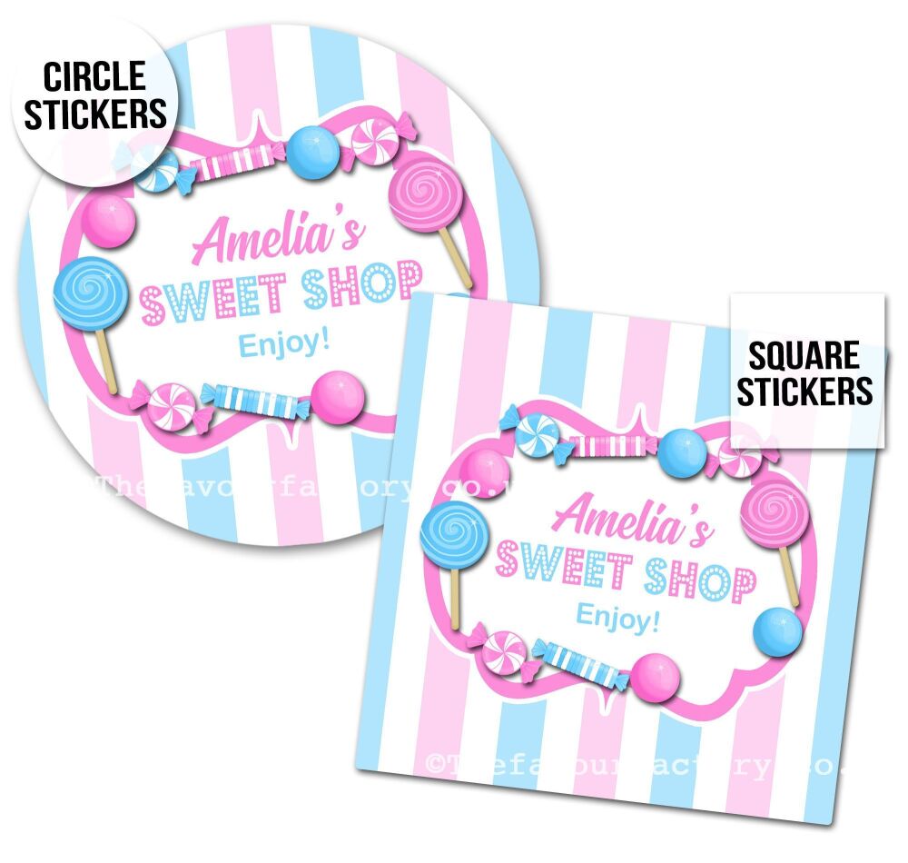 Childrens Party Stickers Sweet Shop Style In Pink & Blue x1 A4 Sheet