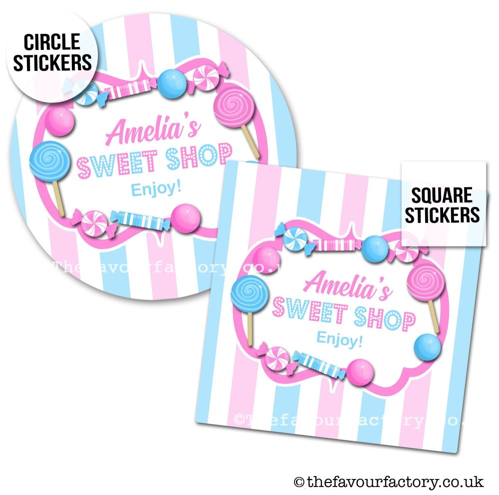 Personalised Stickers Birthday Party Sweet Shop Style In Pink & Blue x1 A4 Sheet