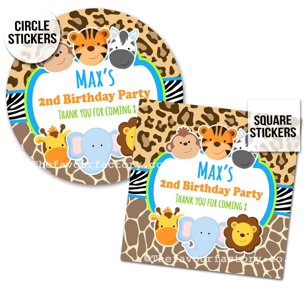 Childrens Party Stickers Jungle Wild Animals Boys x1 A4 Sheet