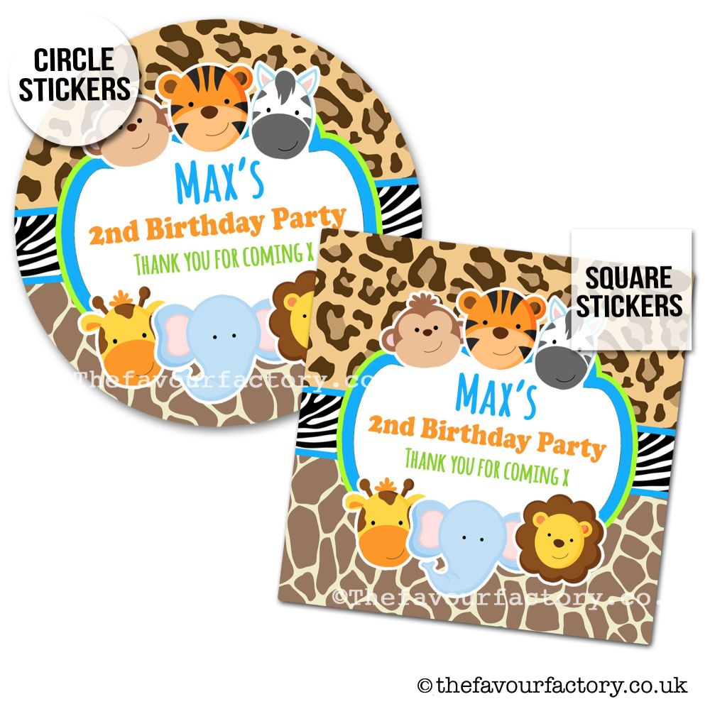Childrens Party Stickers Jungle Wild Animals Boys x1 A4 Sheet