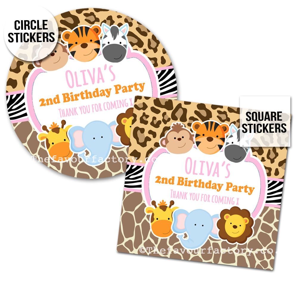 Birthday Party Stickers Pink Jungle Animals 1 x A4 Sheet