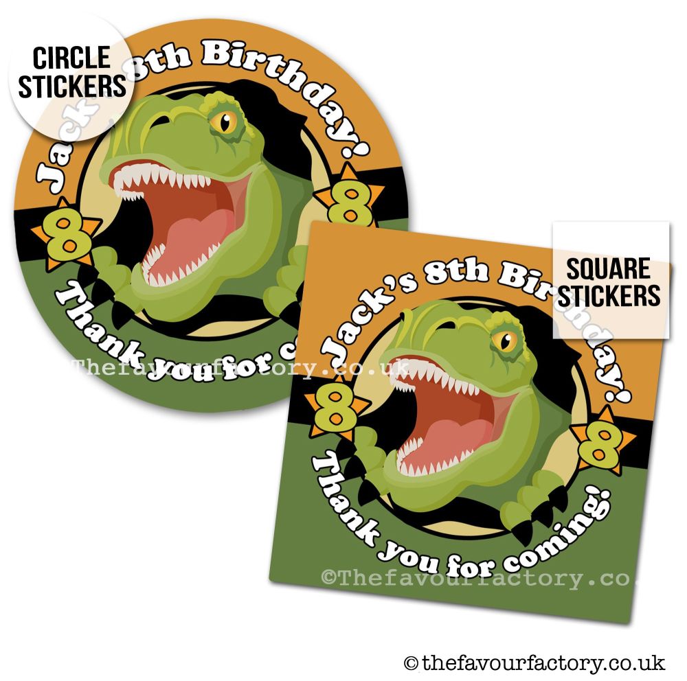 Roar Dinosaur Birthday Party Stickers Personalised