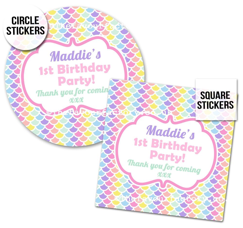 Pastels Rainbow Party Stickers Birthday Mermaid Scales