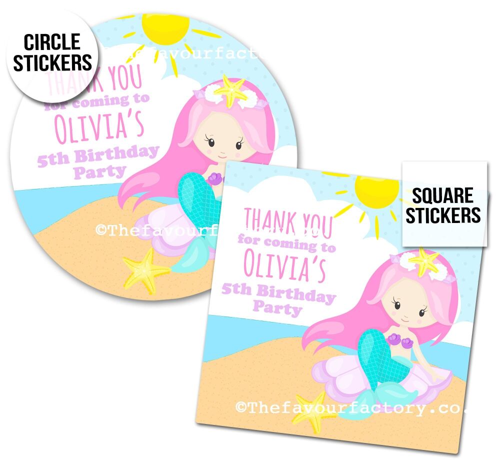 Childrens Party Stickers Pastels Mermaid On Beach x1 A4 Sheet